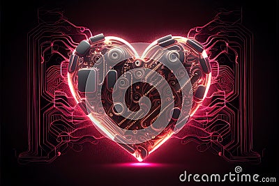 High-tech neon glowing heart with circuit board. cyber valentines day concept. Generative AI Stock Photo