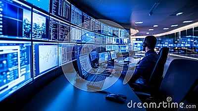 High-Tech Network Operations Center with Multiple Monitors Stock Photo