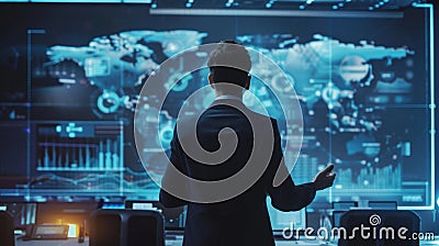 In a high-tech office, a businessman stands before a large digital wall, analyzing complex data visualizations that represent Stock Photo