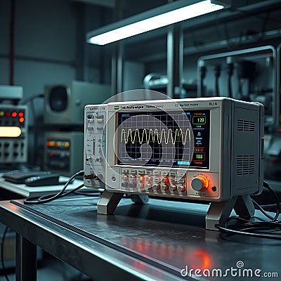 High tech oscilloscope with a wide bright display showing a complex waveform sitting on a metal workbench in a dim high tech Stock Photo