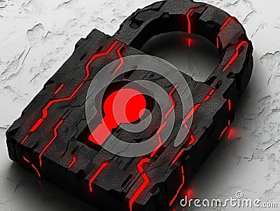High tech padlock glowing red core textured black surface symbolizing data protection encryption cybersecurity in futuristic Cartoon Illustration