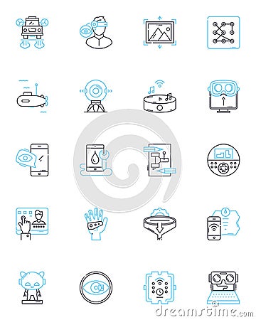 High-tech production linear icons set. Automation, Robotics, Innovation, Digitalization, Precision, Efficiency, Nano Vector Illustration