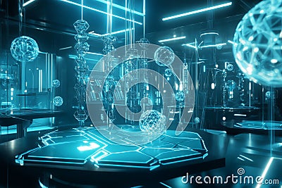 A high-tech research lab where quantum particles are analyzed within hexagonal containment fields. Stock Photo