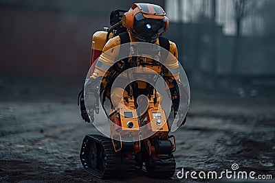 high-tech robotic firefighter, equipped with advanced sensors and gadgets for rescue operations Stock Photo