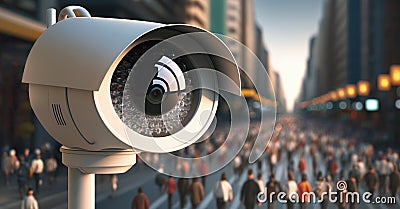 A high-tech security camera keeps a sharp eye on the activity of people on city street. Generative AI illustration Cartoon Illustration