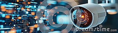 High-tech security camera monitoring data flow in a modern digital network. Advanced surveillance and technology concept Stock Photo