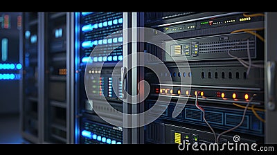High-tech server room data center interior with rackmount LED console. Modern computer networking equipment, ethernet cables, and Stock Photo