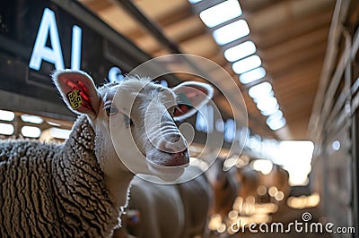 A high-tech sheep farm managed by artificial intelligence. Control Dashboard with phrase AI and sheep Stock Photo