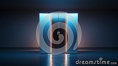 High-tech smart storage unit with blue LEDs, sleek design, 3D rendering, Realistic details, Soft lighting Stock Photo