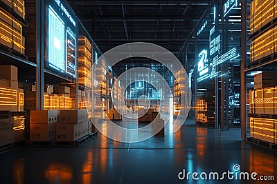 High-Tech Smart Warehouse with Digital Displays and Automation Systems for Efficient Inventory Management. Generative AI Stock Photo