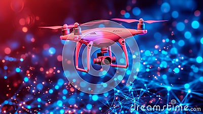 A high-tech solar array is surveyed by a remote-controlled drone, emphasizing eco-friendly infrastructure and green Stock Photo