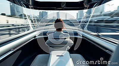 High-tech urban transport: autonomous car chauffeurs passenger to city destination Stock Photo