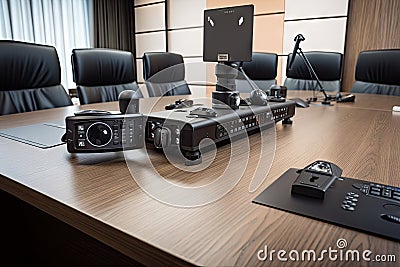 high-tech video conference system with multiple cameras and microphones for group videoconferencing Stock Photo