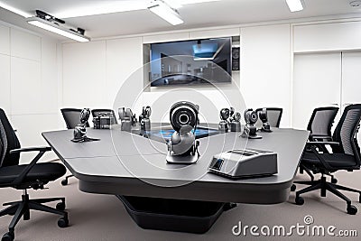 high-tech video conference system with multiple cameras and microphones for group videoconferencing Stock Photo