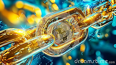 High tech visualization of secure blockchain with golden links and Bitcoin symbol, representing digital currency and advanced Stock Photo