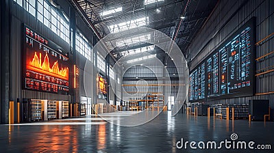 High-Tech Warehouse Environment Featuring Advanced Data Displays and Efficient Space Utilization for Modern Logistics Operations Stock Photo