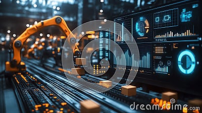 A high-tech warehouse with robotic arms, AI-driven analytics, and automated supply chains, symbolizing predictive logistics, Stock Photo