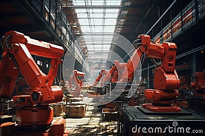 High-tech warehouse with robotic arms stacking packages, productivity boost Stock Photo