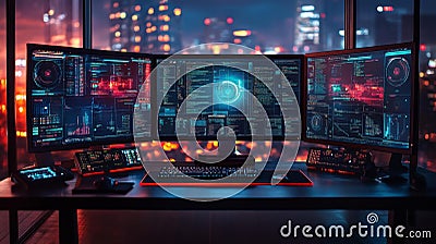 High-tech workspace with multiple screens displaying advanced code algorithms and futuristic virtual interfaces Stock Photo