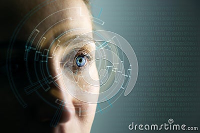 High Technologies in the future. Young woman`s eye and high-tech concept, augmented reality display, wearable computing Stock Photo