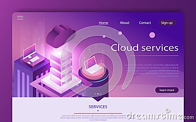 High technology concept, data center, cloud data storage isometric vector. Cloud computing concept. Vector Illustration