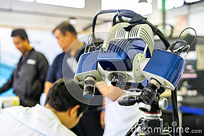 High technology and modern automatic 3d laser scan for measuring or reverse engineering industrial manufacture Editorial Stock Photo