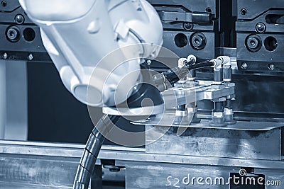 The high technology sheet metal forming by robotic arm with hydraulic press brake machine Stock Photo