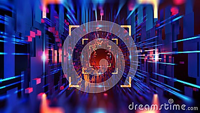Space and time, global digital database in cyberspace of artificial intelligence Cartoon Illustration