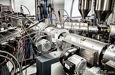 Extruder machine for extrusion of plastic material, close-up view Stock Photo