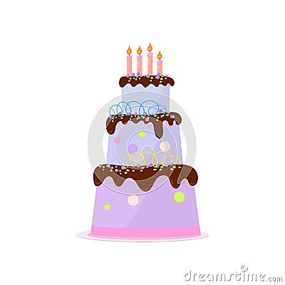 High three-tiered birthday cake with chocolate topping, cream decor and candles on white Vector Illustration