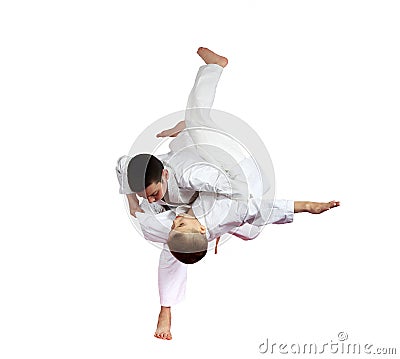 High throw judo are doing athletes on a white background isolated Stock Photo