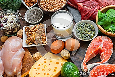 High vegetable and animal protein food sources. Fish, meat, poultry, nuts, cheese, eggs, seeds, vegetables and milk Stock Photo