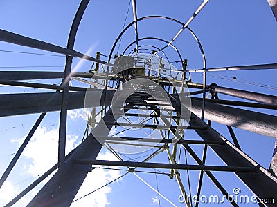 High view radio tower from inside steel transmitter design Stock Photo