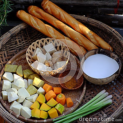 High view raw material of vegan curry dish with bread, homemade Vietnamese food Stock Photo