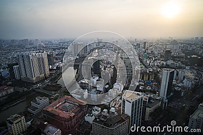 High view Saigon skyline when sunset urban areas colorful and vibrant cityscape of downtown by evening in Ho Chi Minh city, Stock Photo