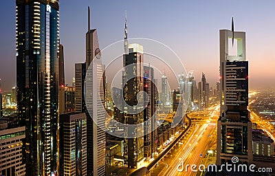 A high-viewpoint, night shot, of Sheikh Zayed Road, Dubai. Editorial Stock Photo