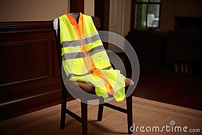 high-visibility safety vest draped over a chair Stock Photo