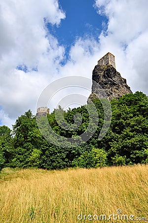 High volcanic cliff with castle towers Stock Photo