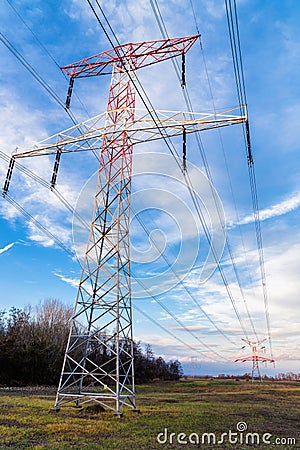 High voltage electric powerlines Stock Photo