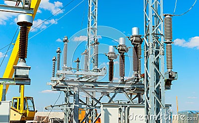 High-voltage equipment - vacuum switches and insulators on metal supports Stock Photo