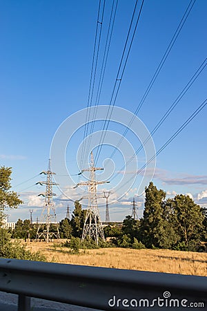 High-voltage power line, steel engineering structure Stock Photo