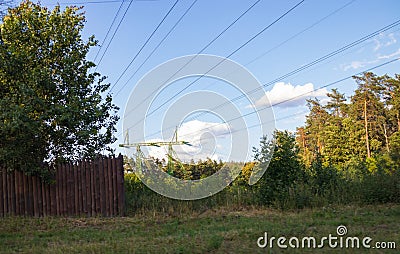 High-voltage power line, steel engineering structure Stock Photo
