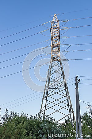 High-voltage power line, steel engineering structure Stock Photo