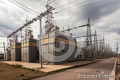 High voltage power lines and high voltage transformer substation in Poland. Electric substation with power lines and transformer, Stock Photo