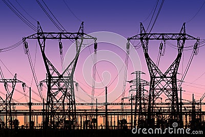 High voltage pylons and wires silhouette Stock Photo