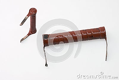 High voltage resistors from electronic scheme lowercase scan old TV. Pair of different size and characteristics, brown, with Stock Photo