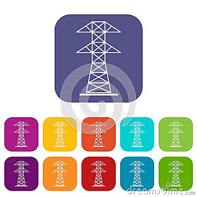 High voltage tower icons set flat Vector Illustration