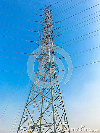 High voltage towers and sun Stock Photo
