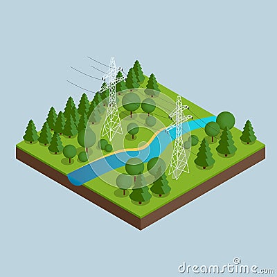 High voltage transmission lines and power pylons. High voltage towers. Electricity pylons. Vector Illustration