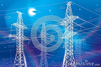 High voltage transmission systems. Electric pole. Neon glow. Power lines. A network of interconnected electrical. White otlines on Vector Illustration